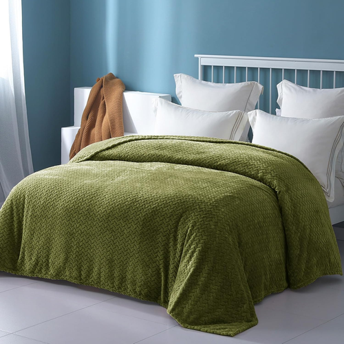 Olive Green Fleece King Size Blanket for Bed, 90X104 Inches Soft Cozy Jacquard F - Picture 3 of 12