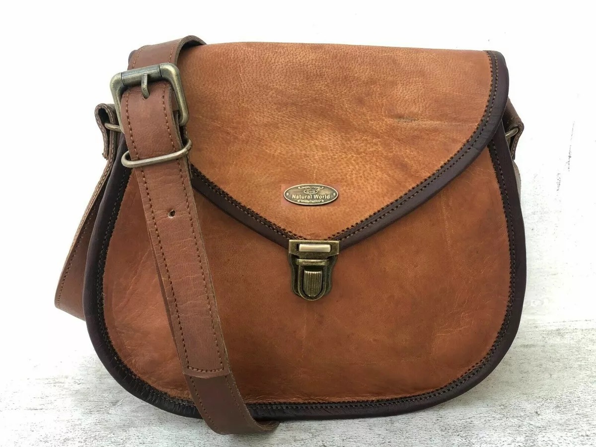 Vintage Brown Leather Push Lock Messenger Shoulder Cross Body Bag