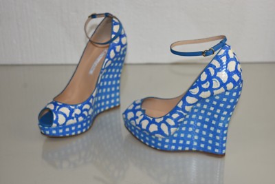 Sandales Compensées Oscar De La Renta - Serpent Exotique Blanc Et Bleu Océan, Talon Très Haut, Taille 41 - Neuf Avec Boîte