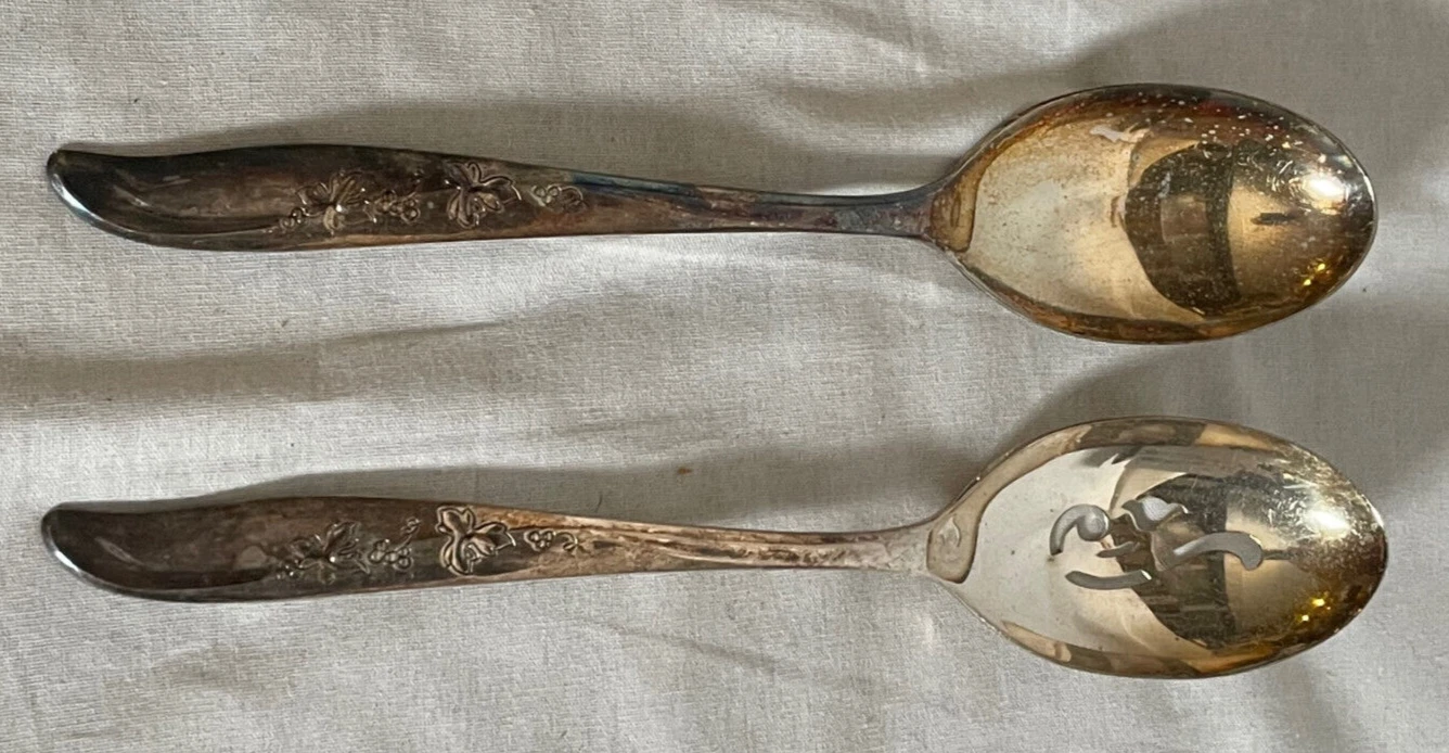 Vintage Antique Supreme Silver Plate Serving Spoons Set of 2 Silverware Leaf