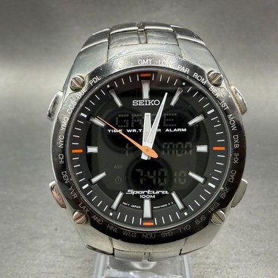 Seiko Sportura Watch Men 41mm Black Dial Steel World Time Alarm Chrono New Batt