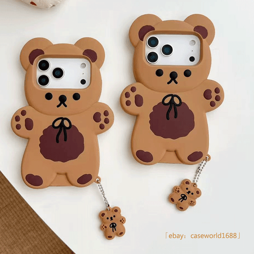 Silicone Cartoon Bear Pendant Phone Case For iPhone 6-17 Pro Max 16 15 14 13 12+ - Picture 1 of 16