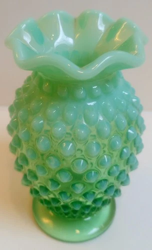 Fenton Hobnail Emerald Green Uranium Opalescent Glass 3 5/8" Ruffled Vase