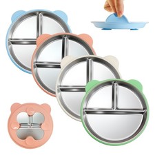 4 Pack Stainless Steel Plates with Suction - 9" Divided Plates Removable Sili...