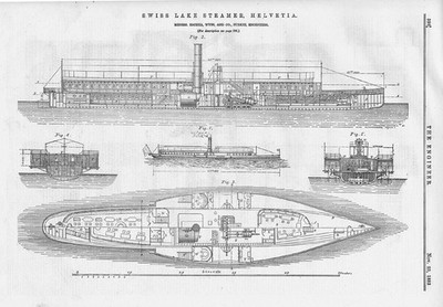 Der Schweizer Seedampfer ''Helvetia'' antiker Technikdruck 1883