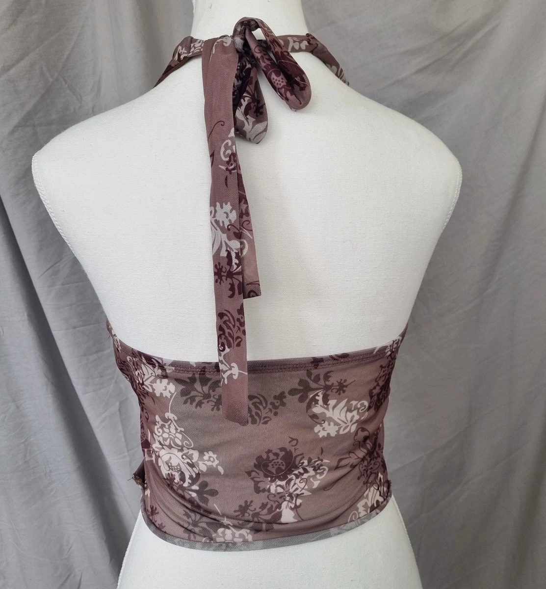 Womens Floral Halter V-Neck XS Sleeveless Tie Boho Festival 90s Y2K Hippie Fairy