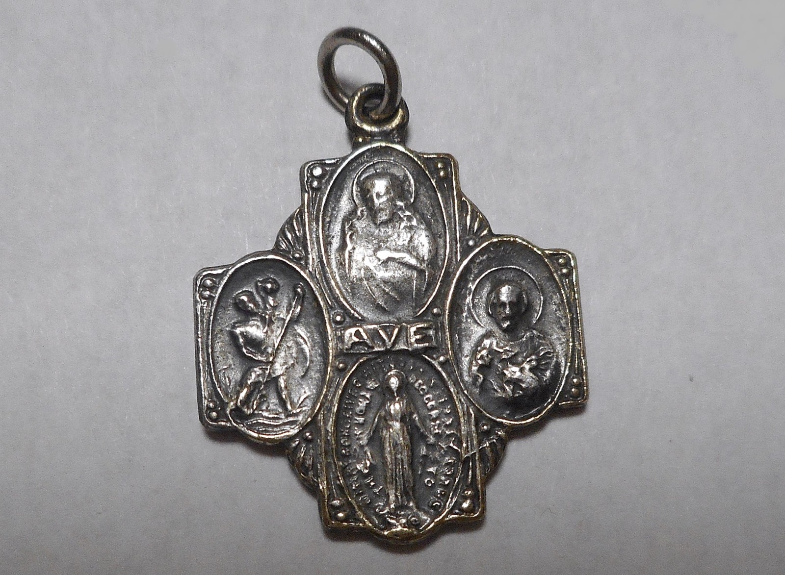 Vintage Four Way Cross Medal Silvertone Catholic Religous Medal