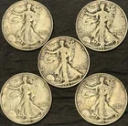 Lot of 5 1939 D Walking Liberty Half Dollar 90% Silver Coins ($2.50 Face Value)