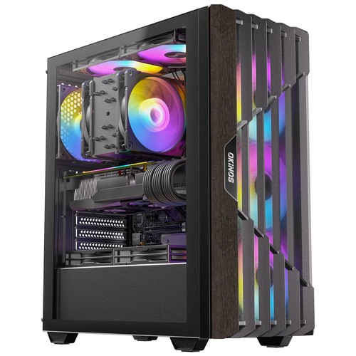 Oak Wood ATX PC Case, 4 x 120mm ARGB Non-PWM Case Fans Pre-Installed, Type-C ...