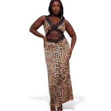 Pretty Little Thing Plus Leopard Print Satin Lace Cut Out Maxi Dress Size 18 NWT