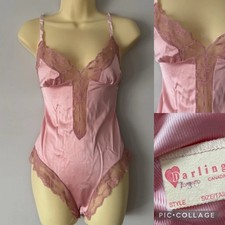 Vintage Darling Pink Satin Lace Sheer Snap Gusset Bodysuit Sz Small