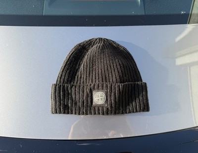 Stone Island Beanie Hat Compass Logo Black Knit One Size