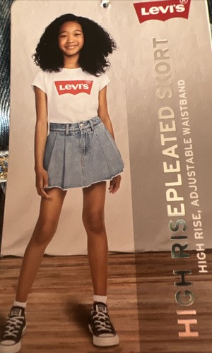 Pantalón corto de mezclilla plisado de tiro alto Levi's Big Girls talla 8 regular nuevo con etiqueta - Imagen 1 de 2