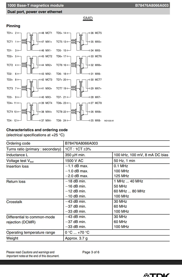 2X B78476A8066A003 EPCOS 350uH 1CT Pulse Transformer Dual Port 10 100 1000Base-T - Image 4 of 4