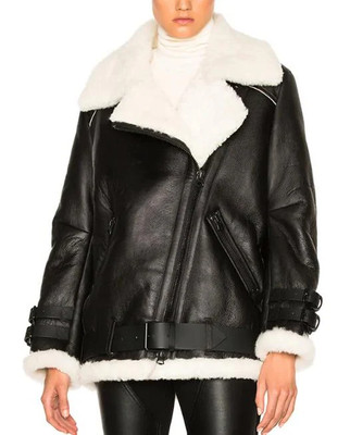 Women Sheepskin Fur Leather Jacket - Handmade Genuine B3 Bomber Aviator Shearlin