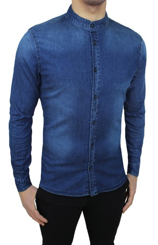 CAMICIA DI JEANS UOMO SLIM FIT ADERENTE BLU SCURO DENIM CON COLLETTO  COREANA | eBay