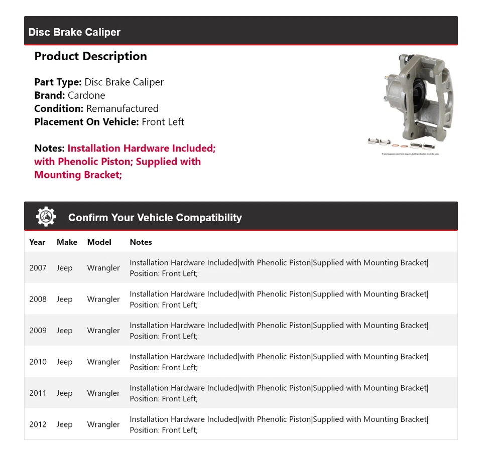 Pinza de freno de disco delantera izquierda Cardone 2008 2009 2010 para Jeep Wrangler 2007-2012 Foto 2 de 4