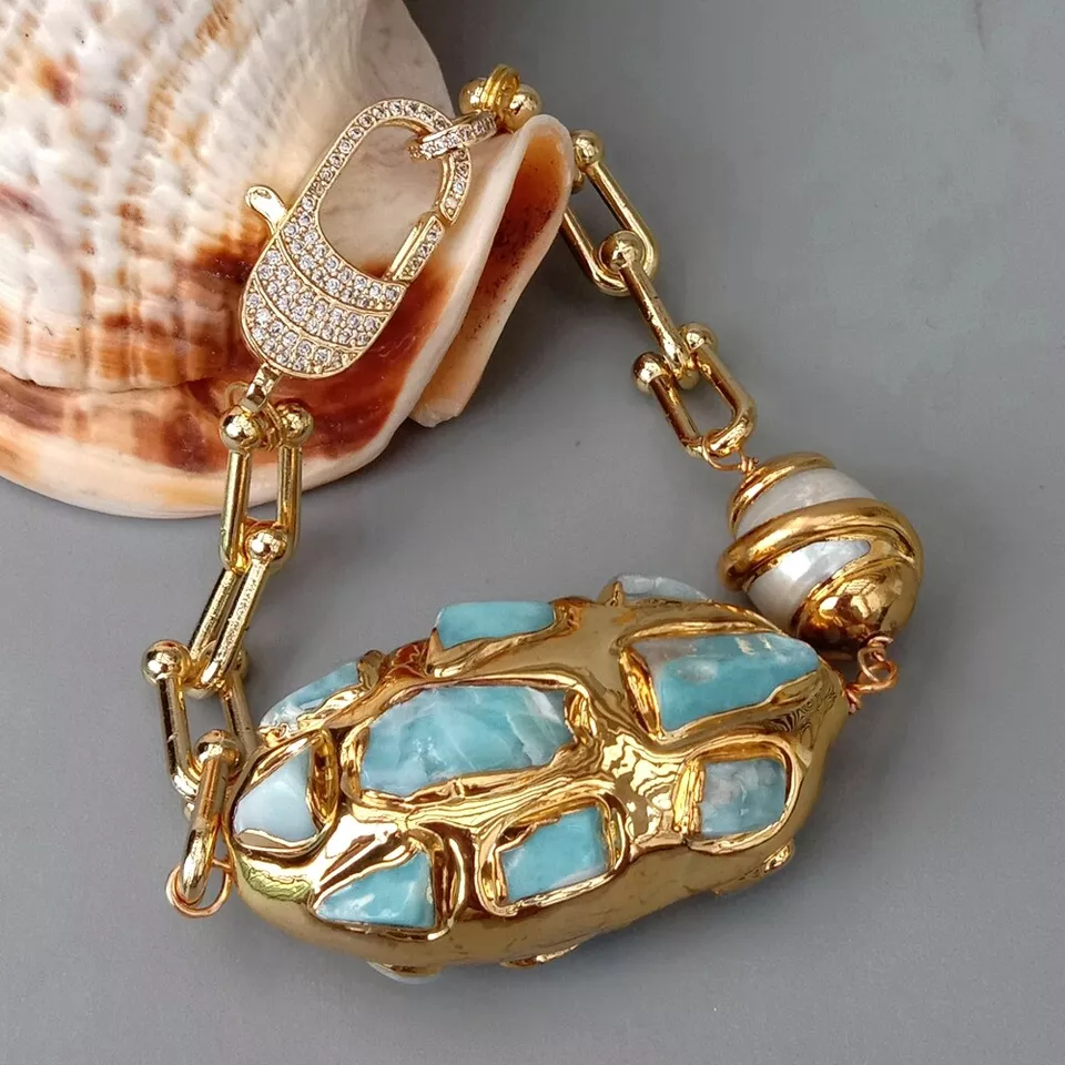 8" Cultured White Keshi Pearl Blue Larimar Gold Plated Chain Bracelet - Image 4 of 4