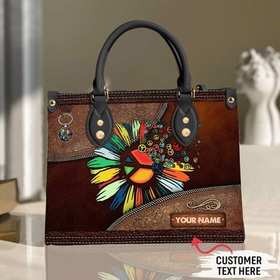 Personalized Hippie Peace Leather Handbag, Hippie Sunflower Leather Handbag