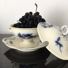 LONGWY Compotier Ancien Faïence XIXè Décor Libellule Oiseaux Antique French Cup