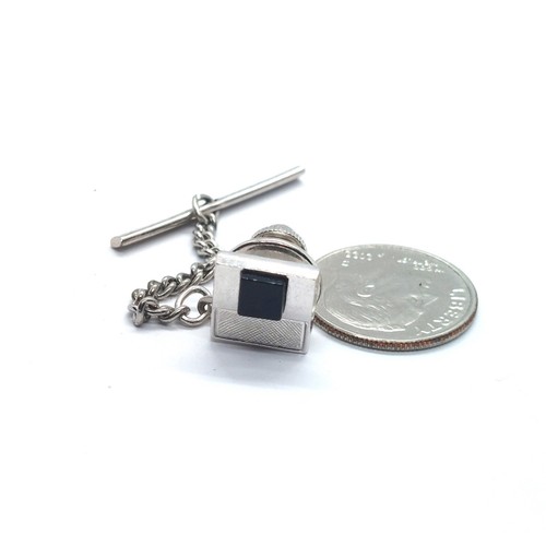 Black Stone Pin Tie Tack Formal Wedding Jewelry Fashion Vintage Silver Tone - Picture 2 of 3