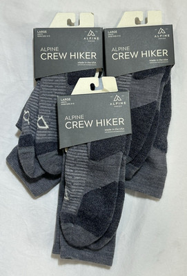NEW 3 Pair Alpine Design Crew Cut Hiker Socks Large Men's Size 9-12 Grey Wool
