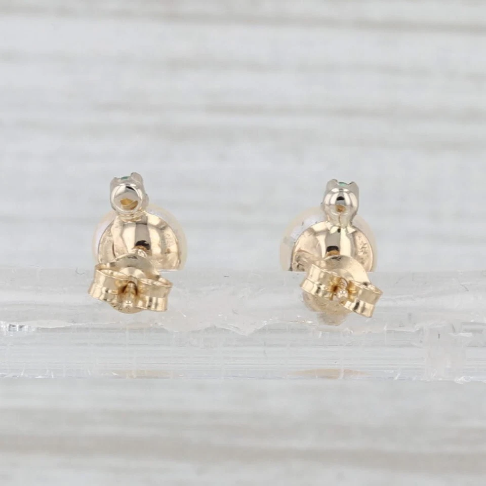 Saltwater Cultured Pearl Emerald Stud Earrings 14k Yellow Gold Studs - Image 3 of 4