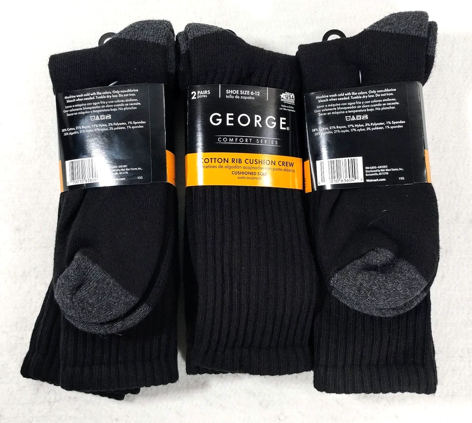Paquete de 2 pares de calcetines negros de algodón George Comfort para hombre talla 6-12 Foto 2 de 4