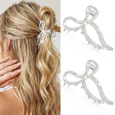 Rhinestone Hair Clips Silver Bow Claw Clip Sparkly Hair Accessories for Women...