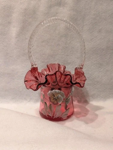 Vintage Fenton Cranberry Basket Clear Spiral Handle Hand Painted Signed P Lane