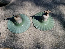 TWO VTG GREEN PORCELAIN RADIAL WAVE 20” SHADE GAS STATION/ STREET LIGHT