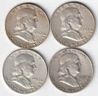 Lot of 4 Franklin Half Dollar coins, circulated, 90% Silver XF+ cond. Inv#422