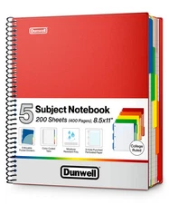 Dunwell 5-Subject Spiral Notebook College Ruled (Red) Colorful Movable Pocket