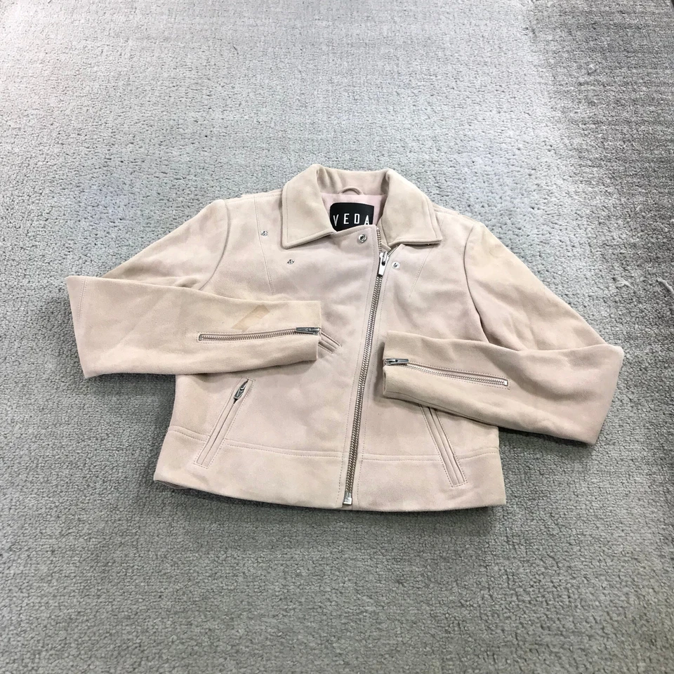 Chaqueta de Cuero Veda Mujer Pequeña P Clásica Cuero Moto Chaqueta Rosa Gamuza Foto 2 de 4