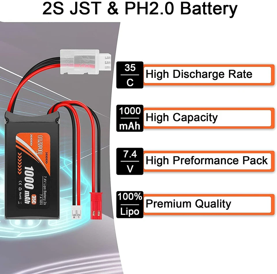 2S Lipo Battery 7.4V 1000mAh PH2.0 &JST Plug for Axial SCX24 1/10 1/16 1/18 1/24 - Image 3 of 4