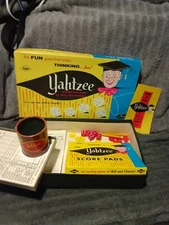 Vintage Yahtzee 1956 Lowe Game w/Original box Dice Replacement score cards 