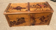 Vintage Wood TOY CHEST BOX Indian Western Themed 1950s 60s Douglas Fir Plywood