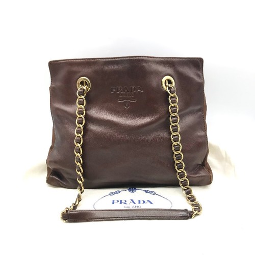 Used Prada Triangle Logo Leather Nylon Chain Shoulder Bag Brown A603 eBay
