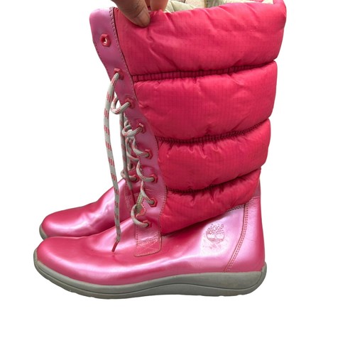 Timberland Girls Sz 6 Hot Pink Lace Up Side Zip Leather Winter Snow Boots - Picture 4 of 14