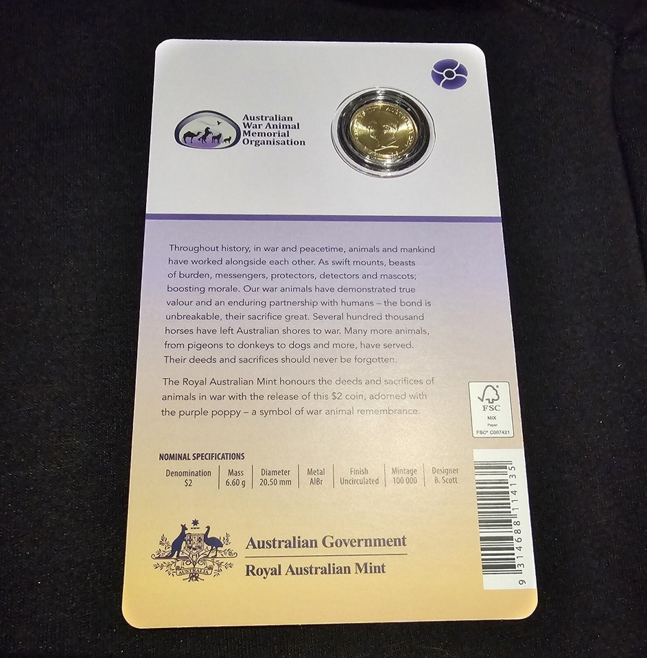 2024 PURPLE POPPY WAR ANIMALS REMEMBRANCE 2 ‘C’ Mint Coin in Card