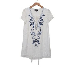 Lulus Dress Womens Medium White Lace Up Shift Short Sleeve Embroidered Lined