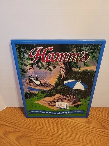 Hamms beer Bear In Boat On Lake Sky Blue Warers Mirror Sign Vintage