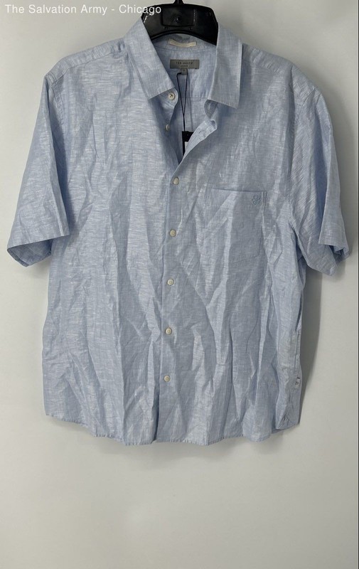 Ted Baker London Mens Blue Linen Blend Short Sleeve Button-Up Shirt Size 7