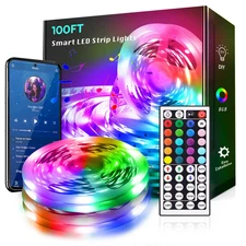 100Ft Led Strip Lights Tape Lights with Remote Bluetooth Smart App 5050 RGB Colo