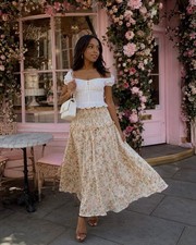 ZIMMERMANN- 1 (AU 10/US 6)-PEACH ROSE FLORAL PRINT RADIATE SMOCKED MAXI SKIRT 