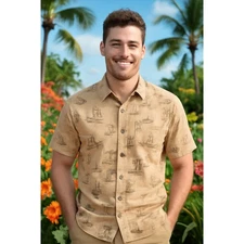 Scandia Woods Mens XL Button Up Shirt Airplane Compass Boat Short Sleeve