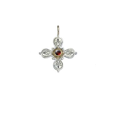 Gerochristo Cross Pendant Solid Gold 18K & Sterling Silver 925 & Garnet gemstone
