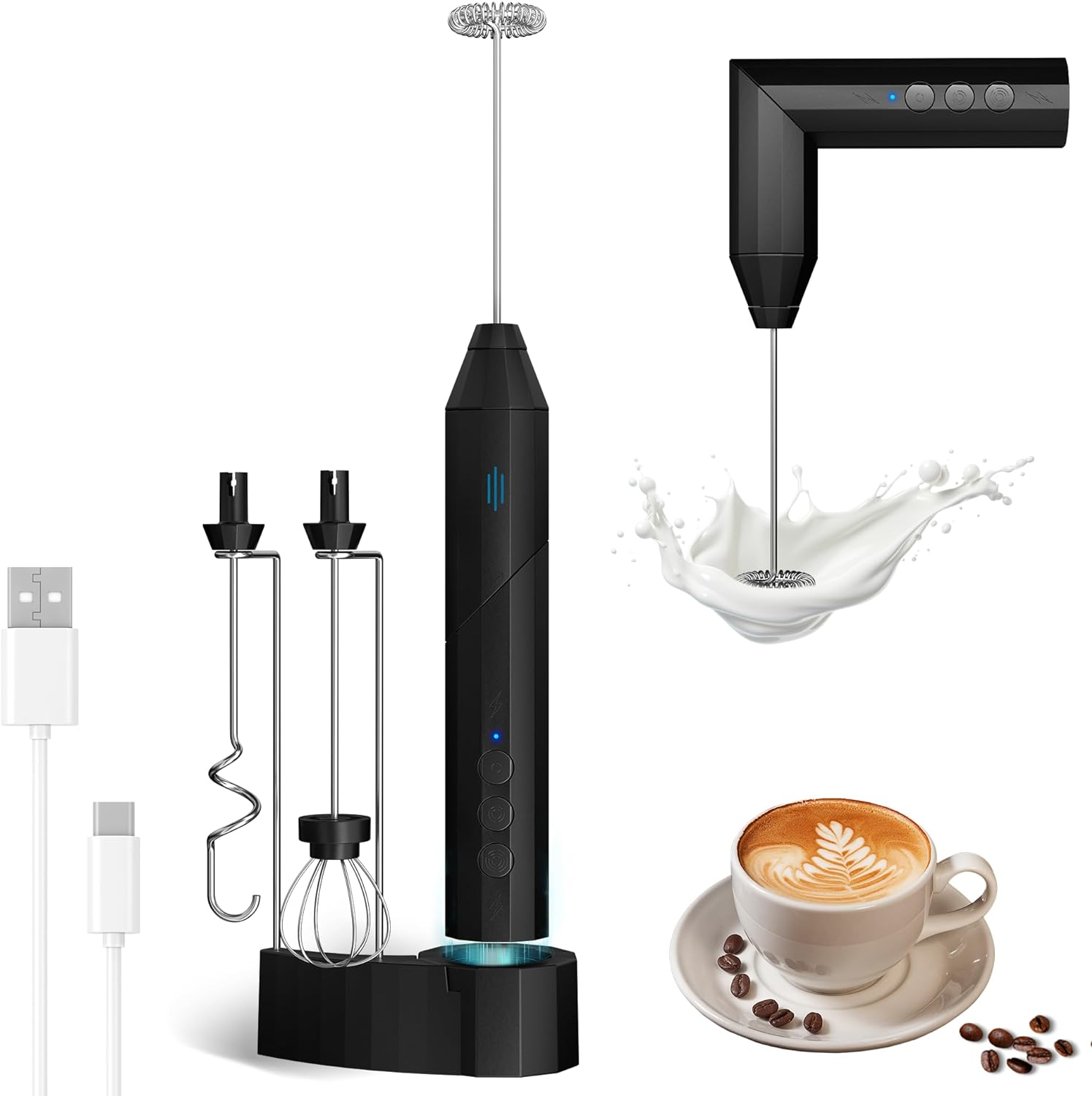 Milk Frother Handheld, USB-C Rechargeable Coffee Frother Wand, Electric Drink Mi-image