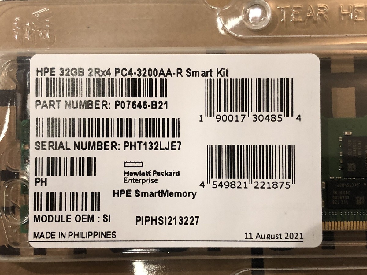 HPE 32GB 2Rx4 DDR4 PC4-3200AA-R Reg Dual Rank ECC Smart Server