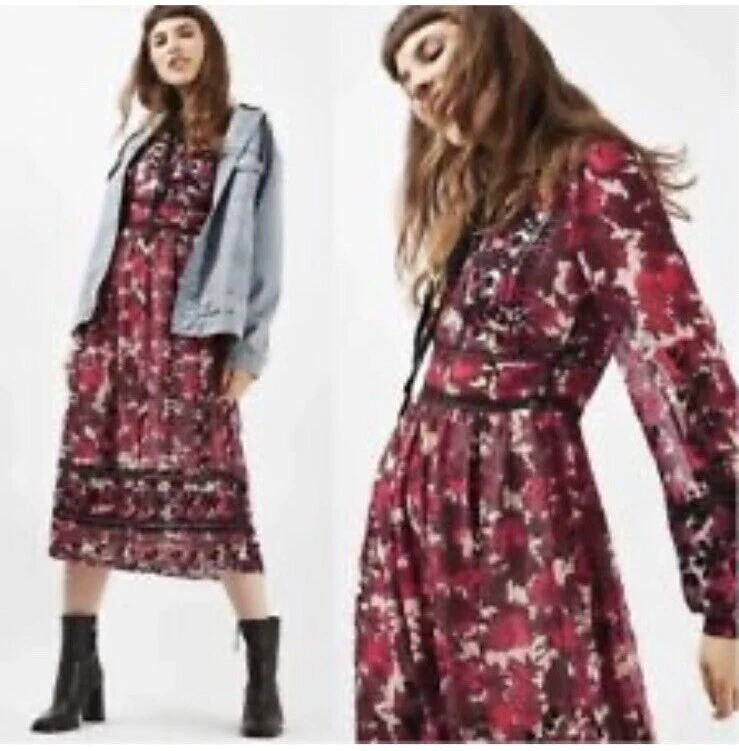 Женское платье миди Topshop с цветочным рисунком на шнуровке спереди размер 36 США 4 бордовое осень богемное - Изображение 2 из 4